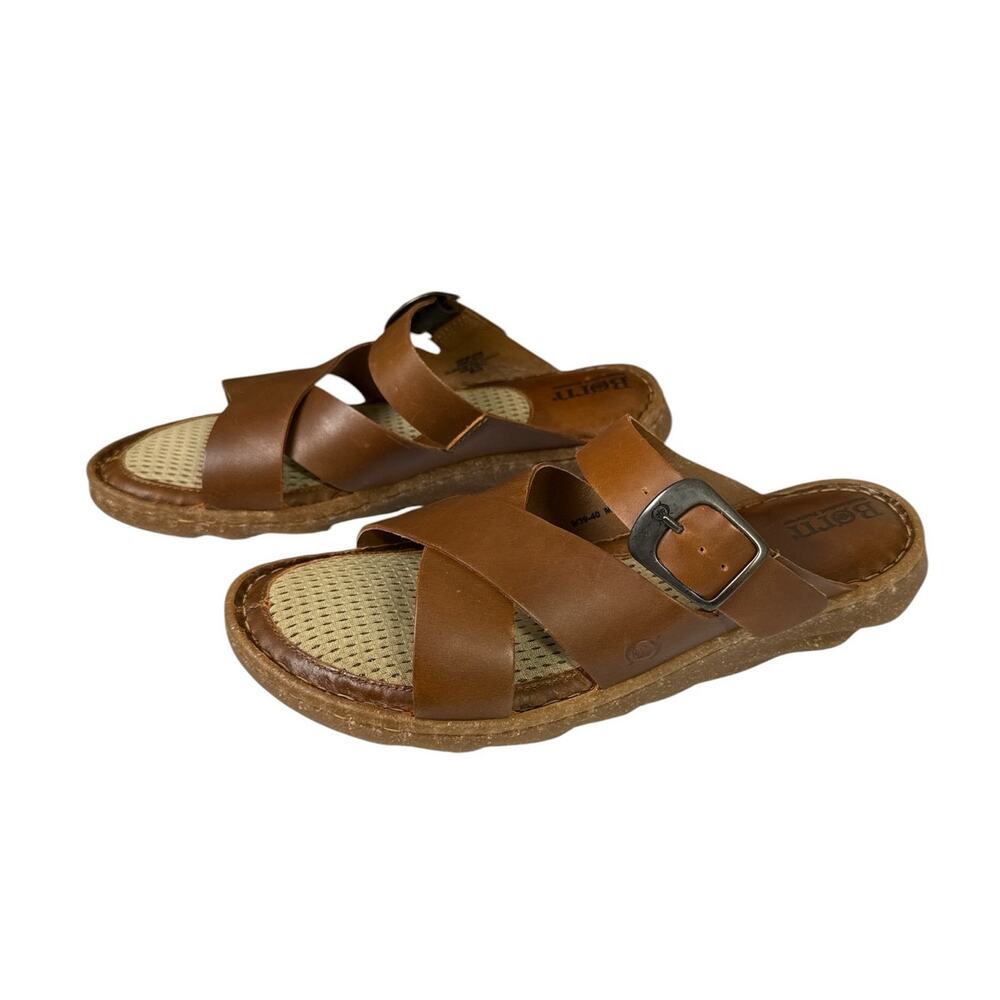 Born Salas Sandals Brown Syrup Leather Comfort Slides Buckle Women 9 - Picture 2 of 9